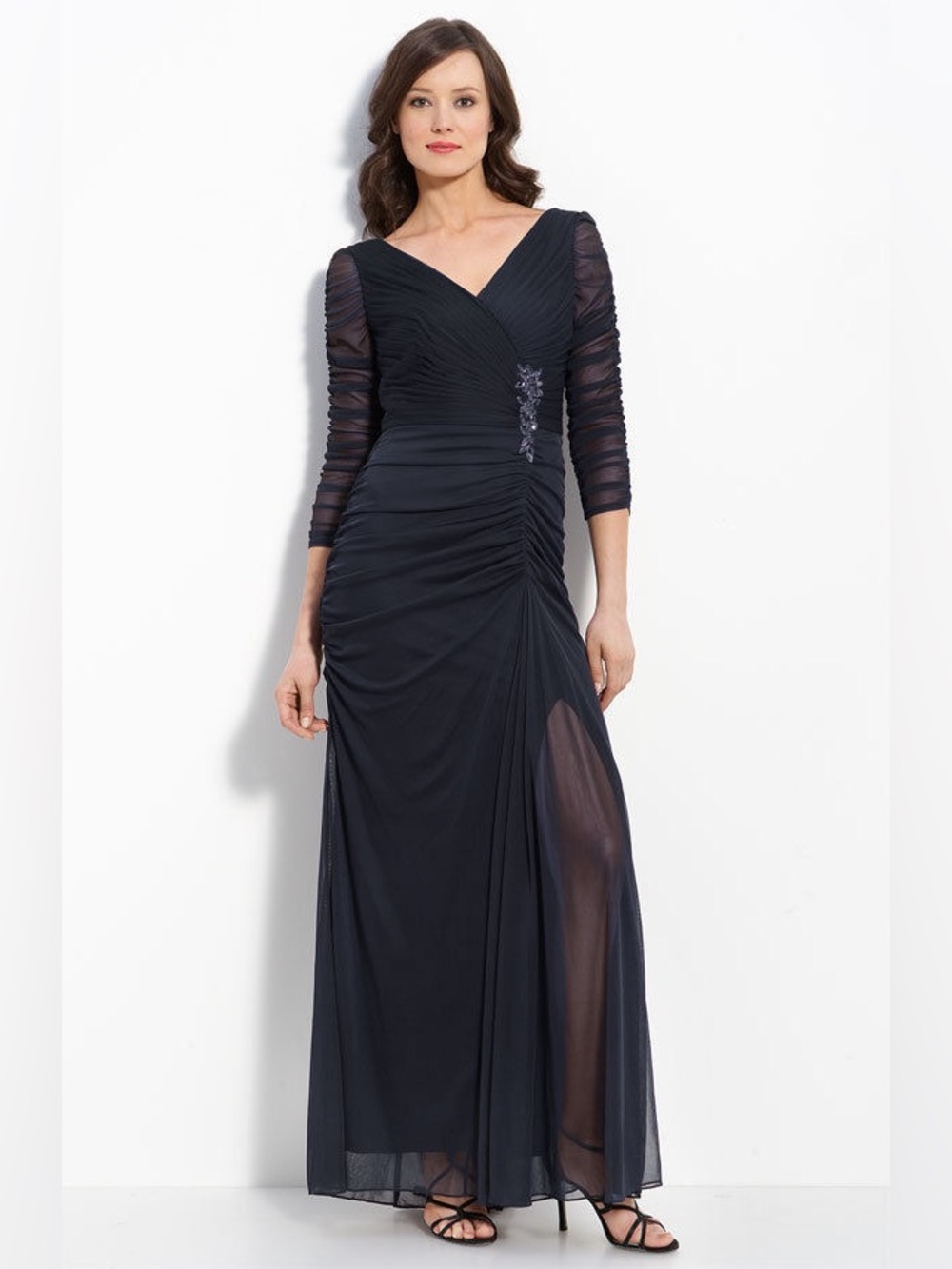 Adrianna Papell Ruched Mesh Navy Blue Beaded V Neck Maxi Dress Formal Size 4